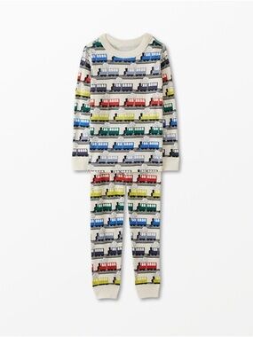 Hanna Andersson Cream Train-Print Pajama Set with Red, Blue, Green, Yellow Cars